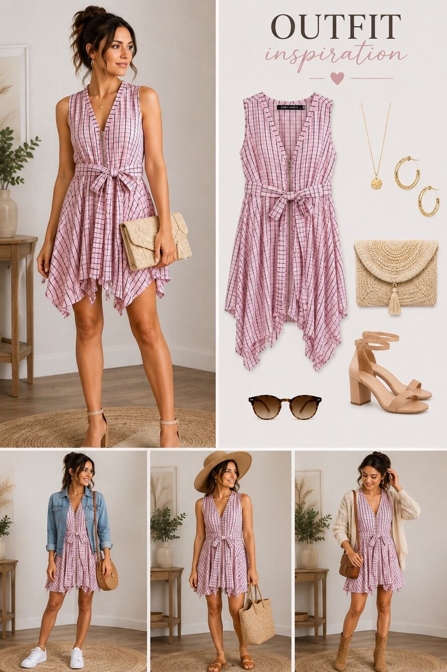 Gabby Isabella Pink Plaid Tencel Sleeveless Midi Dress Large Belted Asymmetrical